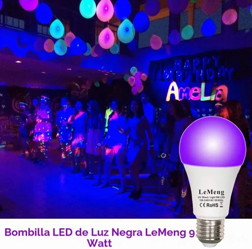 Vista 4 de Bombilla LED negra de 9 W, luz negra A19 (equivalente a 75 vatios), base media E26 de 120 V, nivel UVA 395-400 nm, brilla en la oscuridad