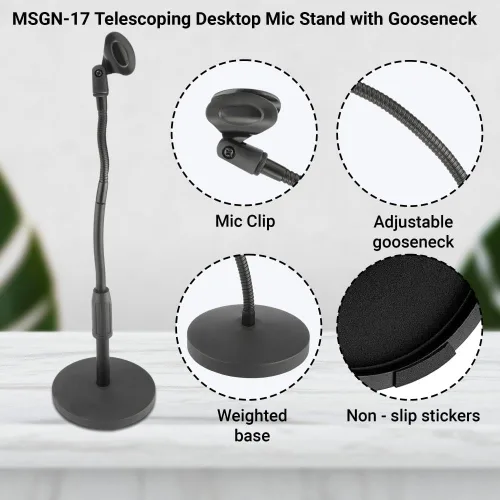 Vista 3 de Soporte telescópico de micrófono de cuello de cisne de escritorio, ajustable de 12 a 18 ″ de altura con brazo flexible de 6 pulgadas, base pesada