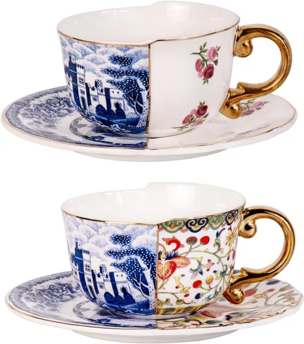 Vista 15 de KAMMAK Juego de 2 tazas de té y platillos, tazas de café de porcelana fina, tazas de café expreso apilables, demitasse de cerámica para café