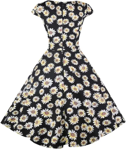 Vista 2 de PUKAVT - Vestido de cóctel para mujer, diseño con manga casquillo, vestido de fiesta de estilo retro acampanado de los años 1950, con bolsillos