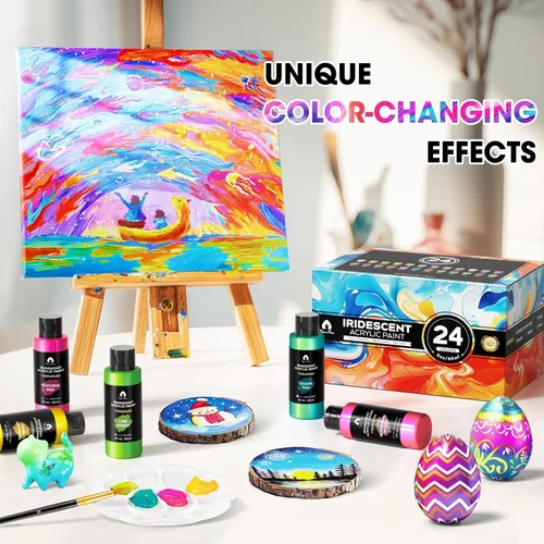 Vista 3 de Juego de pintura acrílica iridiscente de 40 piezas con 12 pinceles, 2 cuchillos y paleta, 24 colores (2 onzas/60 ml) - para adultos, artistas