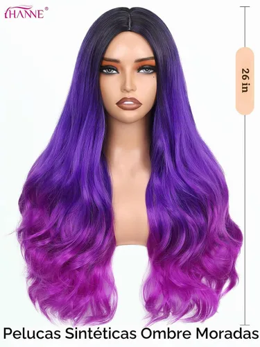Vista 2 de HANNE - Peluca larga color Ombre con cabello rizado sintético, resistente al calor, de alta densidad y llena para mujeres 1B/azul/púrpura