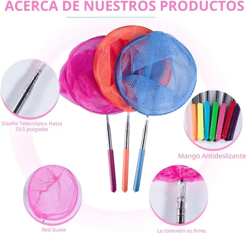 Vista 3 de KISEER Red de pesca telescópica colorida para niños, red de mariposa para atrapar insectos, insectos, juguetes de playa para niños al aire libre
