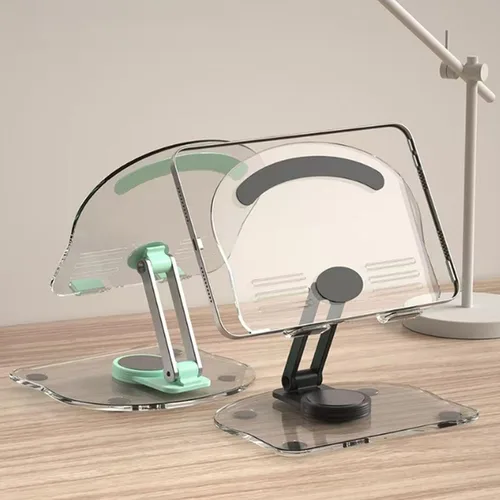 Vista 10 de Soporte acrílico para tablet con base giratoria de 360°, soporte plegable ajustable transparente para escritorio, oficina en casa, compatible