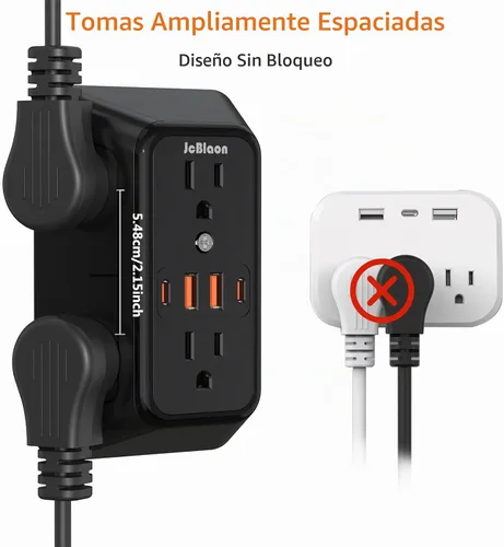 Vista 5 de Regleta de pared con cargador USB, protector contra sobretensiones con 4 puertos USB (2 USB C), extensión de enchufe, múltiples salidas, extensión