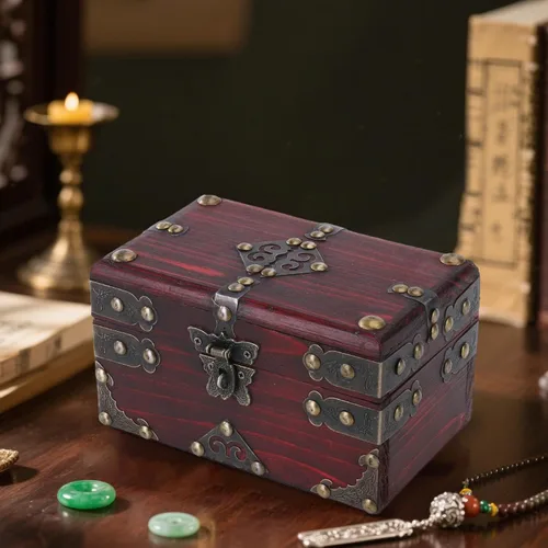 Vista 5 de Pirate Treasure Chest Wooden Box with Lock Rustic Collectible Storage Jewelry Box 9.06x6.30x6.30inch