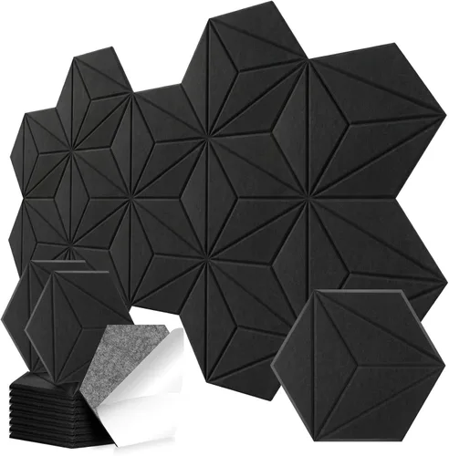 Vista 8 de Paquete de 12 paneles acústicos hexagonales, paneles de espuma a prueba de sonido para paredes, paneles autoadhesivos de reducción de ruido de alta