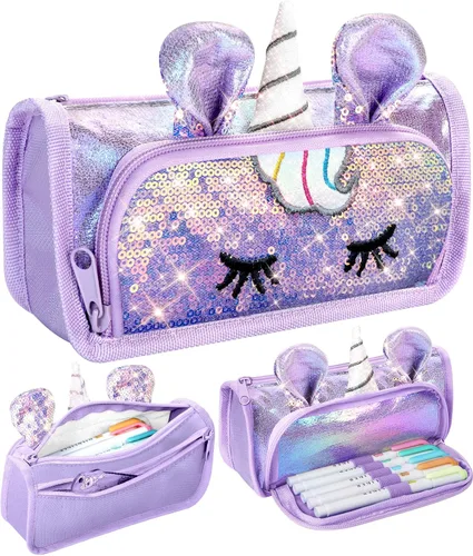 Vista 7 de Lindo estuche para lápices, estuche 3D para niñas y niños, bolsa brillante para lápices con lentejuelas para estudiantes, suministros escolares