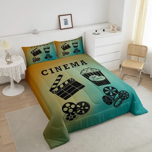 Vista 3 de Juego de edredón de cine tamaño individual, ropa de cama vintage de cine para niños, niñas y adultos, juego de edredón de palomitas de maíz