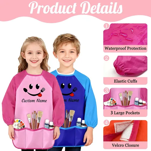 Vista 4 de Delantal de pintura para niños con nombre personalizado para niños, impermeable, manga larga para artista, bata de arte personalizada