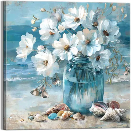 Vista 15 de Decoración de baño, arte de pared de playa, tema oceánico, imagen azul, impresión en lienzo, obra de arte costera moderna, enmarcada para colgar