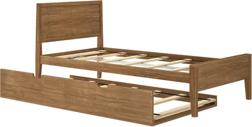 Vista 3 de Max & Lily Cama individual con nido, marco de cama individual de madera maciza con cabecera de panel, cama individual para niños con soporte de Nuez