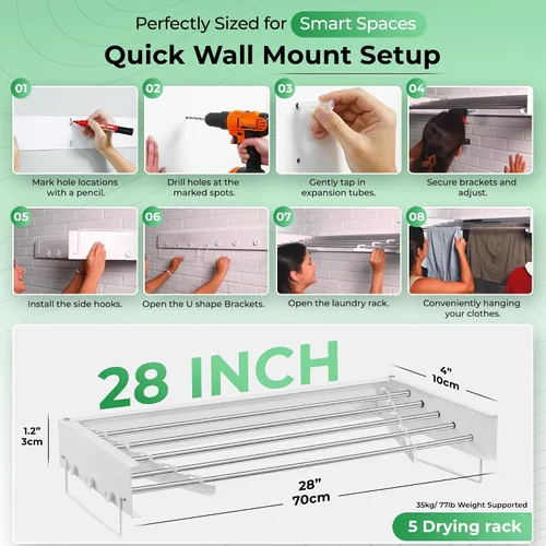 Vista 2 de Tendedero plegable para montaje en la pared para ropa de lavandería 28" Construcción de metal resistente que soporta la lavandería diaria con un