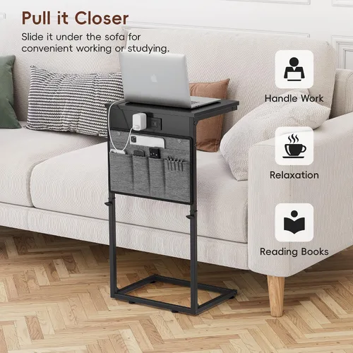 Vista 8 de Vagusicc - Mesa auxiliar en forma de C con estación de carga, mesa lateral de altura ajustable para sofá, mesa pequeña para sofá con laptop