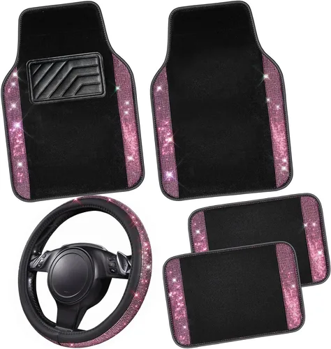 Vista 12 de CAR PASS - Funda de volante de cuero con diamantes brillantes, tapetes de piso de 36.8 cm a 38.1 cm con diamantes de imitación brillantes, alfombra