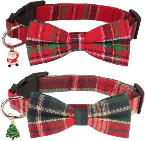 Vista 2 de PTDECOR Collar de Navidad para perro con lazo, ajustable a cuadros rojos y verdes con corbatín extraíble, collares de Navidad para perros pequeños