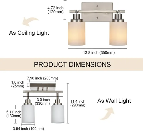 Vista 5 de TODOLUZ Luminarias de Riel de 2 Luces Aplique de Pared, Foco de Níquel Cepillado para Cocina Sala de Estar Comedor Pasillo, Base de Bombilla E26