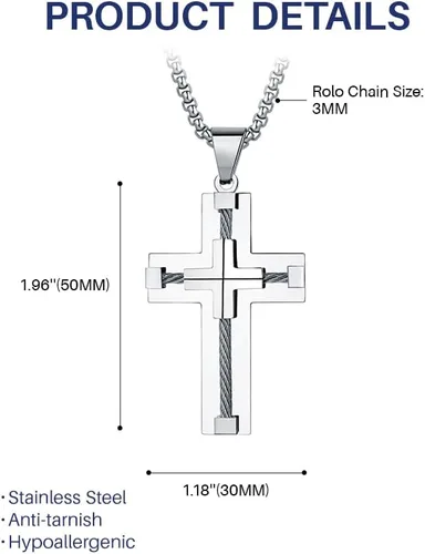 Vista 5 de Cross Necklace for Men 316L Stainless Steel Big Jesus Christ SilverGoldBlack Cross Pendant Necklace for boys Rolo Chain