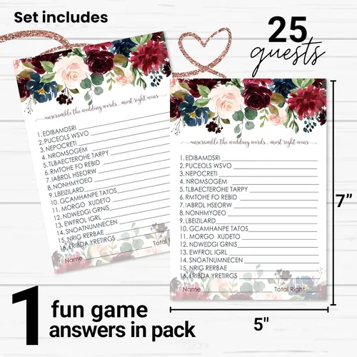 Vista 2 de Juegos de despedida de soltera con flores azules, 25 cartas, juego de palabras de boda, divertida actividad de adivinación para invitados, fiestas