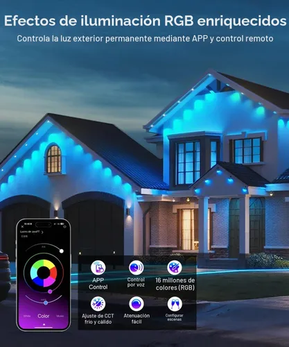 Vista 3 de Luces permanentes para exteriores de 200 pies para casa, luces LED RGB inteligentes 2025 con control remoto de aplicación, IP67 impermeable, aleros