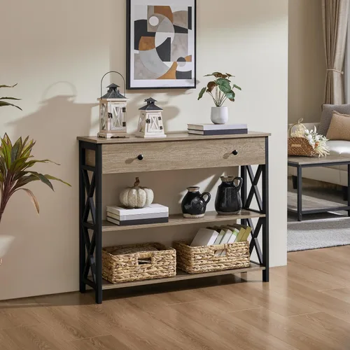 Vista 2 de Yaheetech - Consola con cajón, mesa de entrada con 3 repisas de almacenamiento, mesa estrecha larga para entrada, sala de estar, pasillo, sofá, Gris
