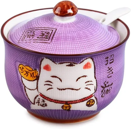 Vista 10 de Cerámica japonesa Maneki Neko Lucky Cat Azúcar Sal Pimienta Tarro de almacenamiento con tapa y cuchara