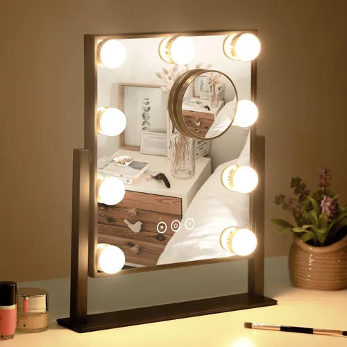 Vista 6 de Kotdning Espejo de tocador con luces, espejo de tocador iluminado con 9 bombillas regulables para vestidor y dormitorio, 3 modos de iluminación