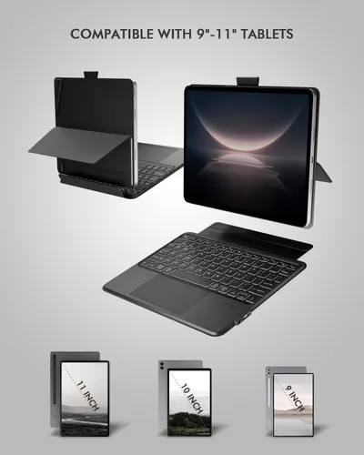 Vista 2 de Funda de teclado universal para tabletas de 9 a 11 pulgadas, teclado desmontable Bluetooth dual para tabletas Android, iPads/Galaxy Tabs, teclado