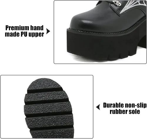 Vista 2 de mikarka Botas de plataforma de cadena para mujer, con cordones y cremallera, tacón grueso, botines de combate negros, botas de motocicleta