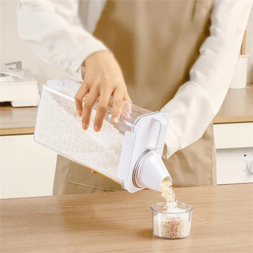Vista 2 de 2 recipientes de almacenamiento dispensadores de arroz, cubo de arroz pequeño de 1.1 L con taza medidora y boquilla de vertido, recipiente hermético