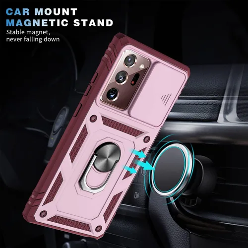 Vista 5 de PASNEW Funda rosa para Samsung Note 20 Ultra, funda para lente de cámara y soporte, funda rígida militar resistente a prueba de golpes para Galaxy