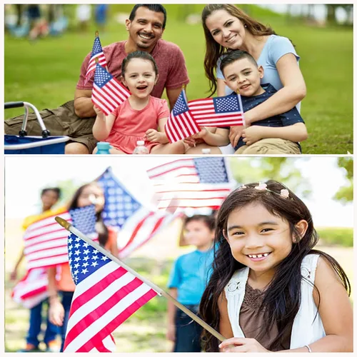 Vista 6 de 410 banderas americanas pequeñas en palo, mini banderas estadounidenses con punta de lanza de seguridad, poste de madera maciza a granel, bandera