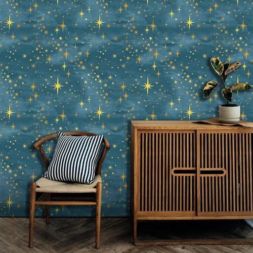 Vista 11 de Calcomanías de pared con estrella dorada, diseño retro de explosión de estrellas, calcomanías para dormitorio, sala de estar, decoración de techo