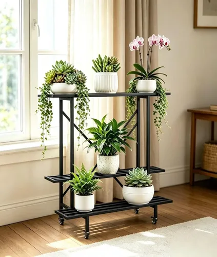 Vista 10 de Estante colgante para macetas, resistente soporte para plantas, enrejado, soporte para plantas de múltiples capas para el hogar, jardín, balcón