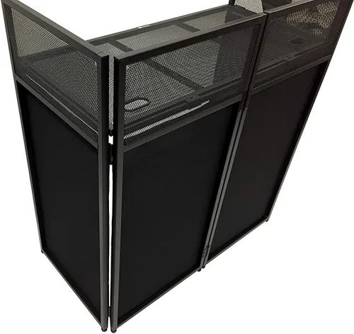 Vista 8 de Fachada para Eventos de DJ Scrim Blanco/Negro Marco de Metal Cabina + Mesa Plana de 20" x 40" Incluye Paneles Blancos y Negros + Estuches