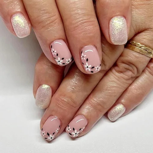 Vista 31 de Uñas Postizas Cuadradas Cortas con Diseños de Lazo 3D, Uñas Postizas de Leopardo con Punta Francesa, Uñas Adhesivas Brillantes, Uñas Acrílicas Nude