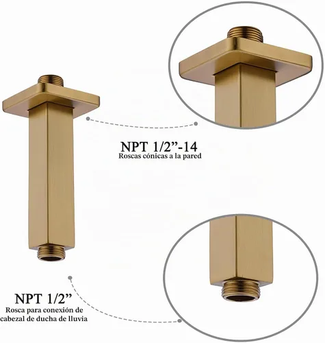 Vista 3 de Brazo de ducha de 4 pulgadas con brida, brazo de extensión de cabezal de ducha cuadrado montado en el techo, brazo recto de 1/2 NPT para cabezal