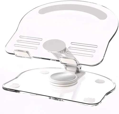 Vista 10 de XIHAMA Soporte acrílico para tableta con base giratoria de 360°, soporte plegable ajustable transparente para iPad de escritorio para iPad/Pro/Air