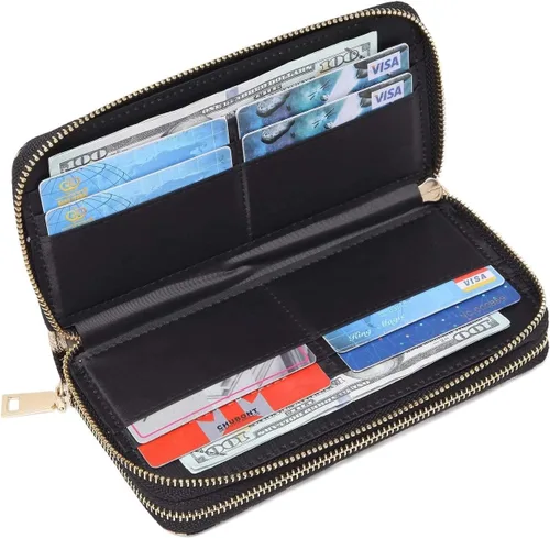 Vista 5 de Nabegum Cartera de leopardo para mujer con estampado de guepardo doble cremallera gran capacidad para tarjetas de crédito marrón