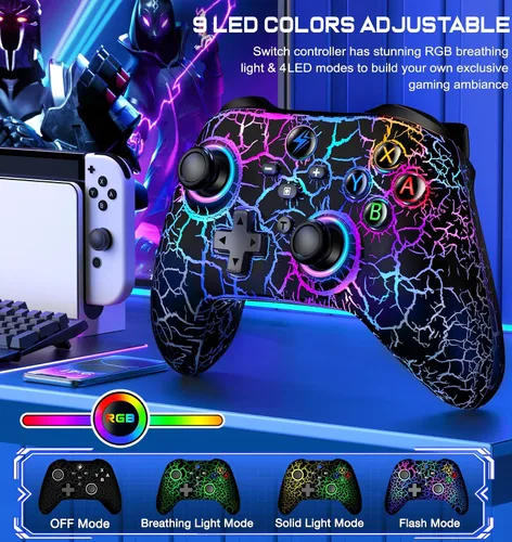 Vista 2 de Controlador inalámbrico Switch Pro para controlador de interruptorLiteOLED, LED multiplataforma Windows PC IOS Android Switch remoto con Cool RGB