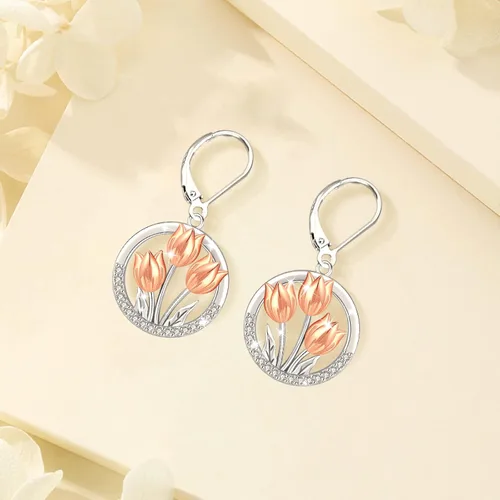 Vista 295 de Aretes colgantes de plata de ley con diseño de árbol de la vida, flor, abeja, animales, gato, colibrí, piedra lunar, turquesa, aretes con cierre
