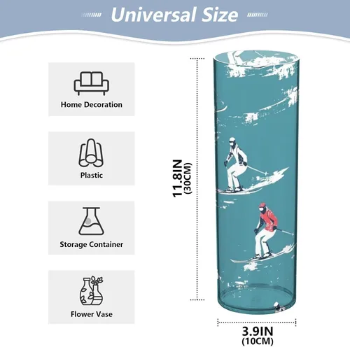 Vista 2 de Skiing Teal Plastic Cylinder Vase 11.8 x 3.9 Inch decorative Tall Vases Unbreakable Dining Room Entryway Library jarron para centro de mesa Decor