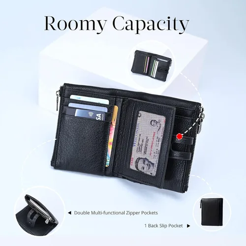 Vista 3 de Bveyzi Cartera pequeña de cuero suave para mujer, con bloqueo RFID, tarjetero con doble bolsillo con cremallera