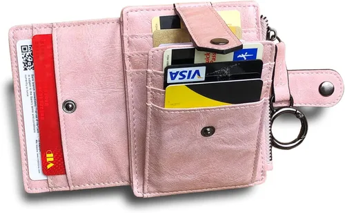 Vista 3 de Pofee XIO - Tarjetero de RFID delgado y minimalista para mujer, con bolsillo frontal, mini monedero con llavero