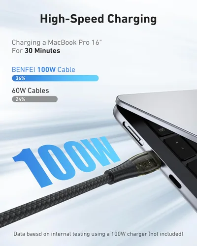 Vista 2 de BENFEI Paquete de 3 cables USB C a USB C de 100 W de 3.3 pies, carga rápida transparente para iPhone 17/16/15 Pro Max, iPad, MacBook, Samsung Galaxy