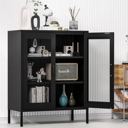 Vista 8 de Gabinete de almacenamiento de metal ancho negro, gabinete de acento de 2 puertas para el hogar y la oficina, gabinete de metal bajo de 2 niveles