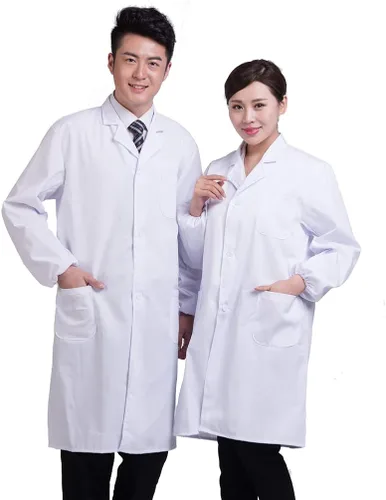 Vista 2 de Unisex Médico Blanco Laboratorio Escudo Médico Profesional Enfermera Uniforme Estudiante Laboratorio Clase Chaqueta Larga