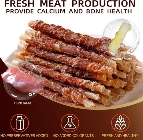 Vista 3 de Golosinas de cuero crudo envueltas en pato para perros masticables dentales Palitos masticables de piel cruda envueltos en pato real, con alto