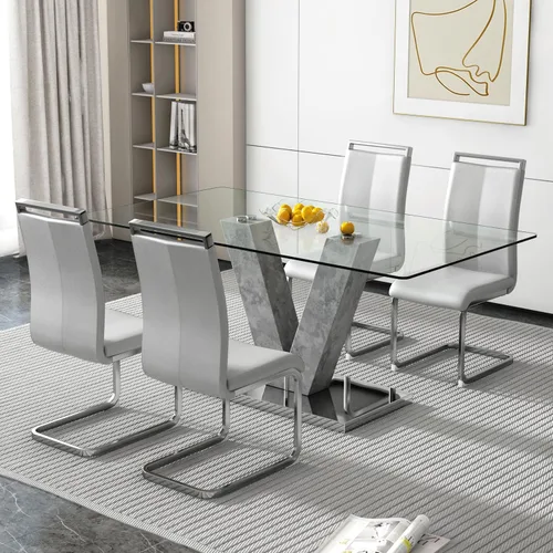 Vista 13 de Juego de mesa de comedor de cristal de 71 pulgadas para 4, juego de mesa de cocina moderno para 4, juego de mesa de comedor para el hogar
