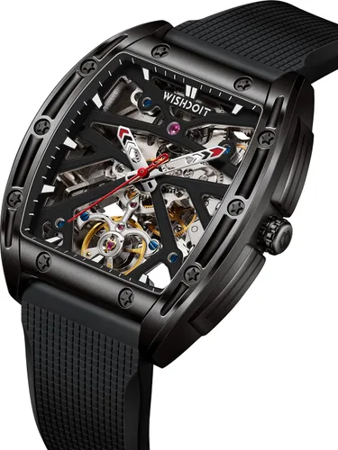 Vista 2 de WISHDOIT Tonneau Watches Automatic Mechanical Stainless Steel Barrel Shaped Case Street Style Wristwatch Waterproof Sapphire Crystal Rubber Strap